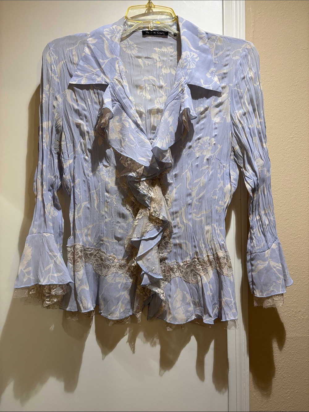 Violet & Claire Pale Blue Ruffle Floral Lace-Trim Blouse